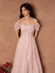 Savoree 优雅花卉印花泡泡袖系腰蕾丝边连衣裙，适合女士，婚礼宾客礼服，仙女裙，露肩