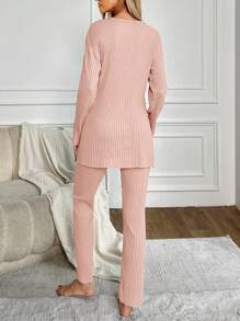 EURMUSE 女士睫毛字母刺繡長袖長褲春秋家居套裝 - 淺粉色 - 查看 2