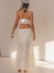 Aralina 夏季波西米亚风花卉系带度假吊带两件套超长裙套装 - 杏色 - 查看 2