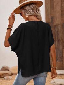 EMERY ROSE 女式夏季纯色拉链半襟蝙蝠袖短袖宽松衬衫 - 黑色 - 查看 2