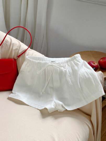 Comfortcana Women Casual Loose Drawstring Solid Color Shorts, Versatile For Everyday Wear White Linen Shorts