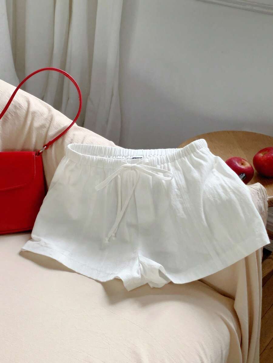 Comfortcana Women Casual Loose Drawstring Solid Color Shorts, Versatile For Everyday Wear White Linen Shorts