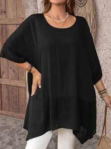 EMERY ROSE 大码女式乡村休闲圆领短袖宽松不对称下摆侧开衩拼接黑色衬衫，适合夏季假期、度假女性穿着，简约时尚，日常百搭，营造度假氛围，春假休闲，秋季穿着。 - 黑色 - 查看 3