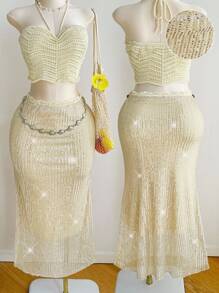 Comfortcana 加大码春季亮片腰链长裙，带褶皱，适合浪漫度假派对 - 米色 - 查看 3