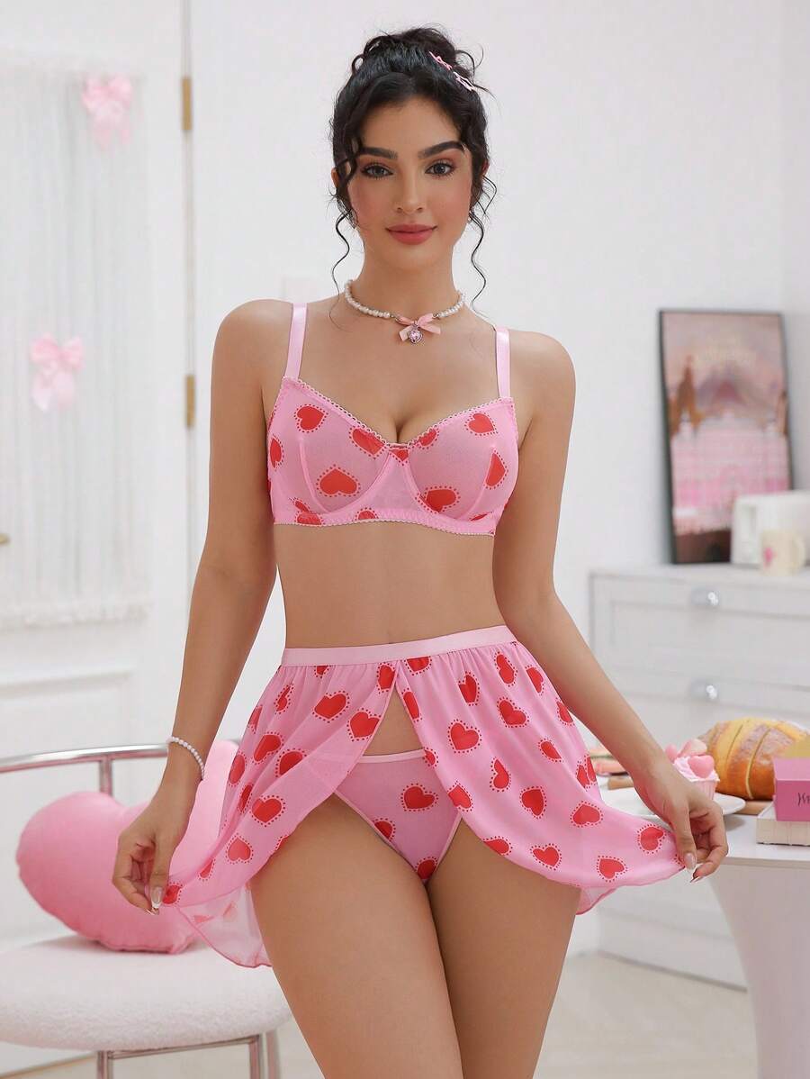 SHEIN 3pcs/Set Printed Mesh Front Opening Underwire Sexy Women Lingerie Set - Multicolor - View 1