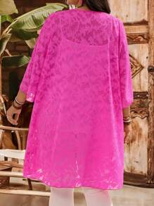 EMERY ROSE Plus Size Vacation Casual Boho Rose Red Cutout Design Kimono Cover Up Fall Country Concert Fall,Fall Clothes For Women - Hot Pink - View 2