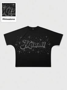 ROMWE MEN Street Life Street Style American Design Rhinestone Effect English Print Short Batwing Sleeve T-Shirt, Halloween - Black - View 4