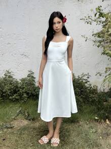 SHEIN Teen Girl Casual Minimalist Comfortable Sleeveless Elegant A-Line Cinched Waist Sundress - White - View 3