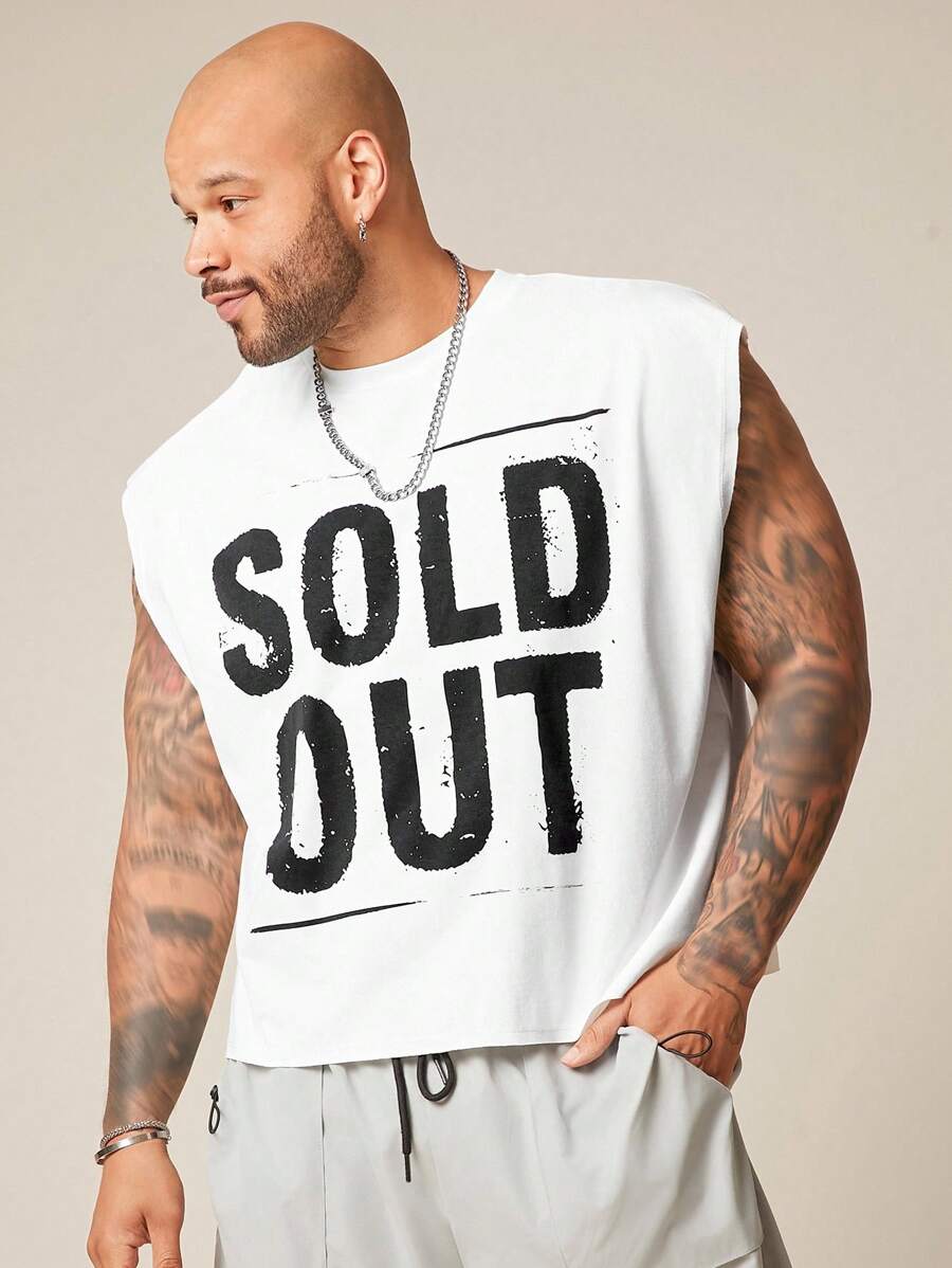 EASEVO Plus Size Men's Casual Knit Round Neck Letter Print Tank Top, Suitable For Summer - White - View 1