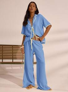 MUSERA Áo sơ mi và quần ống rộng chất liệu giả vải lanh, viền tương phản, thắt nơ, thích hợp cho kỳ nghỉ hè, phong cách Boho Ibiza, thanh lịch, dễ thương, mùa thu đông, hẹn hò, mùa xuân. - Màu xanh lam - Xem 5