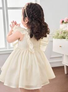 SHEIN Babygirl 可爱优雅夏季杏色花卉刺绣宽松荷叶边下摆连衣裙 - 杏色 - 查看 2