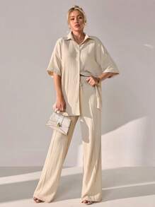CLARA VERO Conjunto de 2 piezas de mujer de unicolor tejido, con blusa/camisa abotonada y pantalón de pierna ancha con cintura elástica, conjunto casual para fines de semana y salidas