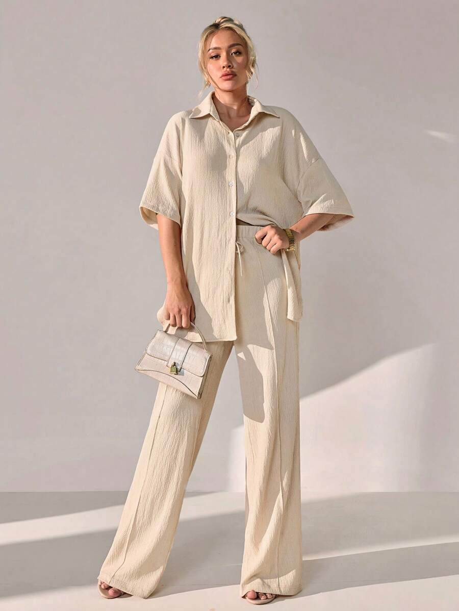 CLARA VERO Conjunto de 2 piezas de mujer de unicolor tejido, con blusa/camisa abotonada y pantalón de pierna ancha con cintura elástica, conjunto casual para fines de semana y salidas