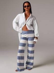 休闲拼色条纹阔腿针织裤 - 彩色 - 查看 3