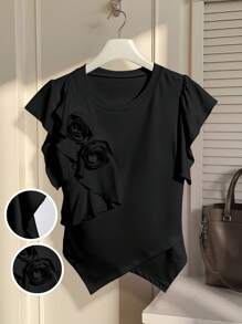 SHEIN Privé Camiseta de mujer de unicolor con adorno floral 3D y volantes en el bajo, cuello redondo - Negro - Ver 1