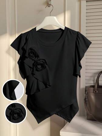 SHEIN Privé 女士纯色 3D 花卉装饰荷叶边下摆圆领 T 恤