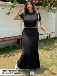 SHEIN EZwear 2 件套大码女式短袖圆领 T 恤和裤子休闲套装夏季 - 黑色 - 查看 8
