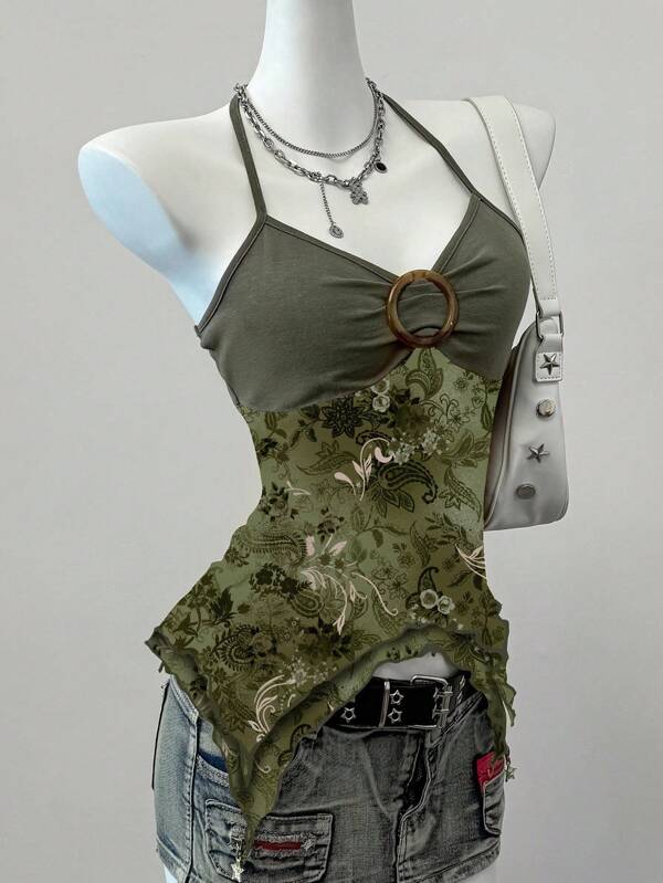 SHEIN EZwear Y2k Vintage Grunge Country Concert Retro Print Mesh Backless Halter Neck,See Through Top Olive Green Top Women Paisley Top Suitable For Going Out