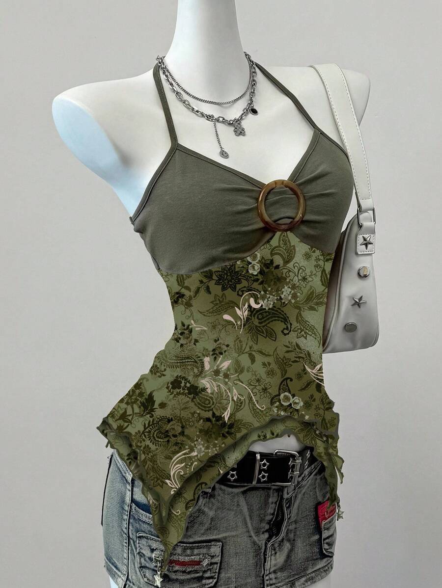 SHEIN EZwear Y2k 复古垃圾摇滚乡村音乐会复古印花网眼露背挂脖透视上衣橄榄绿上衣女式佩斯利花纹上衣适合外出 - 綠色 - 查看 1