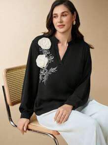 Flouryn Áo cánh thanh lịch thêu hoa 3D màu đen cỡ lớn cho nữ - màu đen - Xem 7
