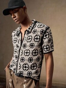 AKNOTIC Cárdigan de punto floral para hombre, color negro y blanco, ajuste delgado, manga corta, informal, apropiado para verano, vacaciones, uso diario, fiestas, conjunto de pareja, regalo para hombre, aniversario