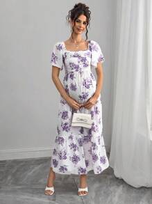 Momance 孕妇优雅度假花卉印花方领飘袖胸部褶皱层叠下摆连衣裙，夏季 - 白色 - 查看 5