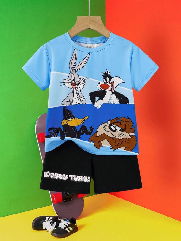 LOONEY TUNES X SHEIN 小男孩可爱卡通图案蓝色休闲夏季透气短袖T恤和黑色宽松短裤套装