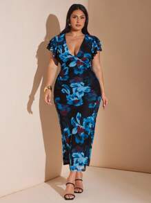 SHEIN BAE 大码女式优雅大号花卉网眼印花紧身 V 领连衣裙，长款，合身，修饰手臂，适合日常、外出、约会、下午茶、度假、春夏季、返校季女士连衣裙优雅女士正式、婚礼宾客礼服 - 藍色 - 查看 6