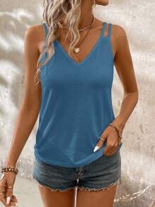 SHEIN LUNE 休闲简约女士V领吊带背心，适合夏季休闲穿着。 - 霧霾藍 - 查看 5