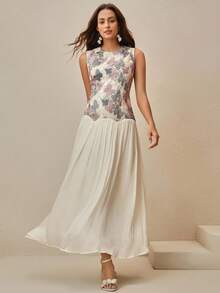 Anewsta 女式蝴蝶蕾丝无袖纹理拼接长款飘逸连衣裙 - 杏色 - 查看 6