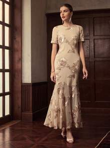 ZEYLAH Bodenlanger figurbetonter Midi-Kleid mit Puffärmeln, Spitze Stickerei