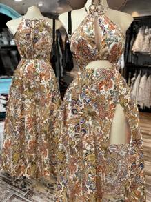 Sweetra 大码女式镂空 V 领开衩长裙，优雅复古腰果碎花波西米亚海滩度假长裙