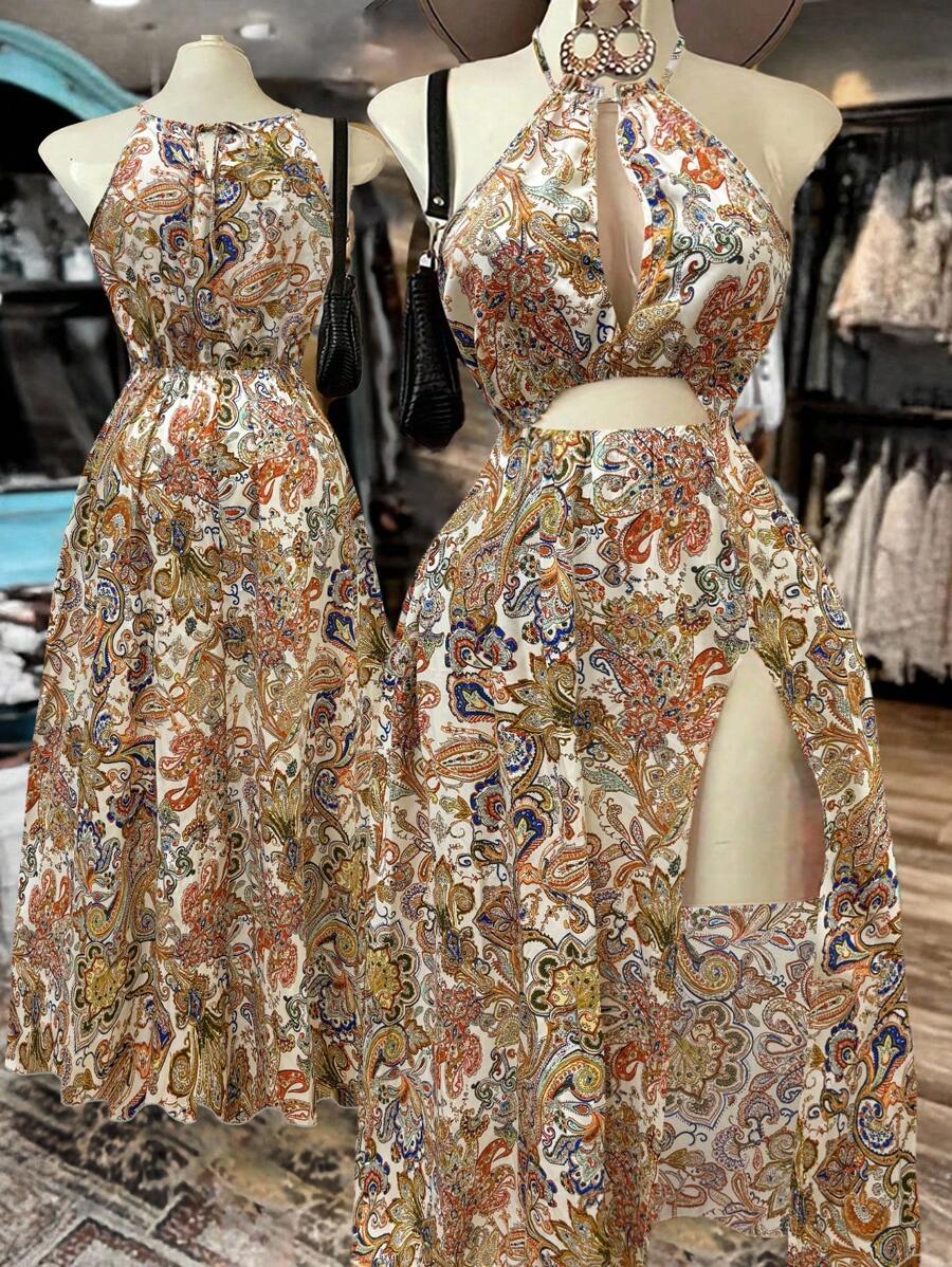 Sweetra 大码女式镂空 V 领开衩长裙，优雅复古腰果碎花波西米亚海滩度假长裙