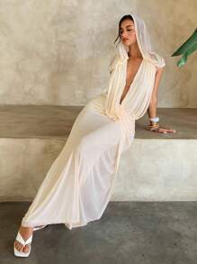 Aloruh Deep Draped Neck Sleeveless Apricot Mesh Knit Bodycon Dress, Wedding Style,Fall Wedding Guest Dress - Apricot - View 5