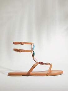 SHUZIA 时尚棕褐色系带凉鞋，女式彩色宝石装饰圆形露趾，可调节扣夏季春季考究平底凉鞋舒适海滩度假 - 棕色 - 查看 6