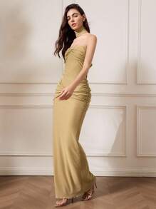 Briarwyn 优雅纯色褶皱紧身连衣裙，秋季女装，复古风女装，女士度假装，优雅派对连衣裙 - 杏色 - 查看 6