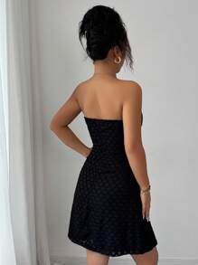 Elenzga Women Black Bandeau Ruched A-Line Plaid Elegant Romantic Midi Dress - Black - View 2