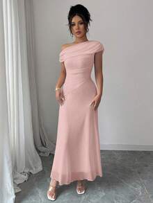 Modelyn 女士优雅法式网眼不对称肩部褶饰拼布下摆连衣裙，优雅 - 粉色 - 查看 5