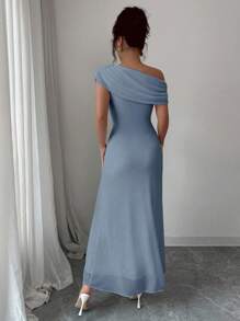 Modelyn Women's Mesh Shoulder Asymmetric Neck Pleated Hem French Elegant Charming Party Dress