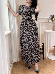 Modelyn 女士豹纹长裙，夏季时尚 - 杏色 - 查看 5
