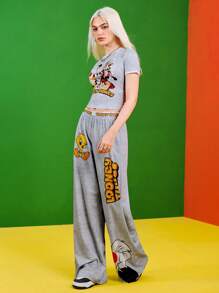 LOONEY TUNES X SHEIN 2pcs/Set Women Letter & Cartoon Graphic Short Sleeve Crop Top And Elastic Waist Wide Leg Pants - Grey - View 3