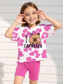 年轻女孩休闲卡通图案短袖短裤两件套，适合夏季