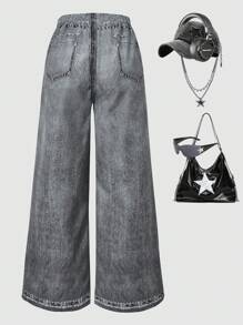 SHEIN Pantalones holgados con estampado de mezclilla sintética para niñas preadolescentes, adecuados para uso casual, vacaciones, estilo callejero y fiestas