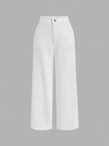 SHEIN X ELOISA & ORSON SHEIN MOD Pantalones rectos de pana blanca con cintura alta, detalles de botones y bolsillos parche