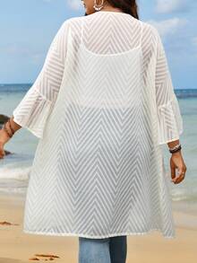 SHEIN LUNE Plus Size Women's Mesh 3/4 Sleeve Open Front Casual Jacket - Beige - View 2