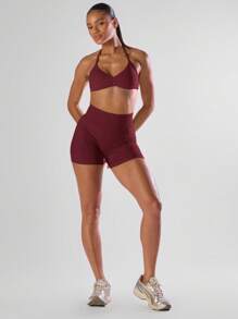 Musera Sport Solid Ruched Bust Open Back Halter Sports Bra, Active Comfy Workout Gym Running Run Club Padel, Tennis, Pickleball Gym Fitness Fall Winter Christmas