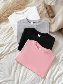 SHEIN Vintaside Kids 4pcs Girls Short Sleeve T-Shirt Value Pack, Multiple Colors, Classic Crew Neck Style, Soft & Skin-Friendly, Suitable For Daily Wear - Multicolor - View 1