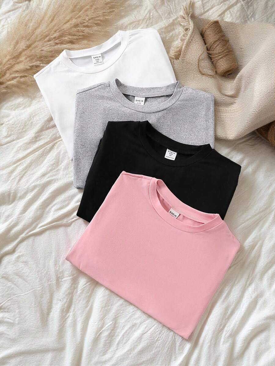 SHEIN Vintaside Kids 4pcs Girls Short Sleeve T-Shirt Value Pack, Multiple Colors, Classic Crew Neck Style, Soft & Skin-Friendly, Suitable For Daily Wear - Multicolor - View 1
