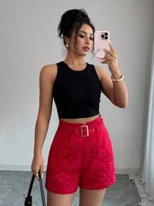 Rafferiza Islaluna Women's Elegant Jacquard High Waist Loose Casual Shorts Red Shorts For Women Shorts With Belt Vacation - Burgundy - View 3
