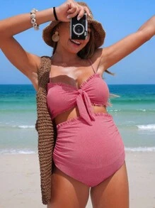 SHEIN 2pcs/Set Summer Maternity Plaid Bandeau Bikini - Multicolor - View 1